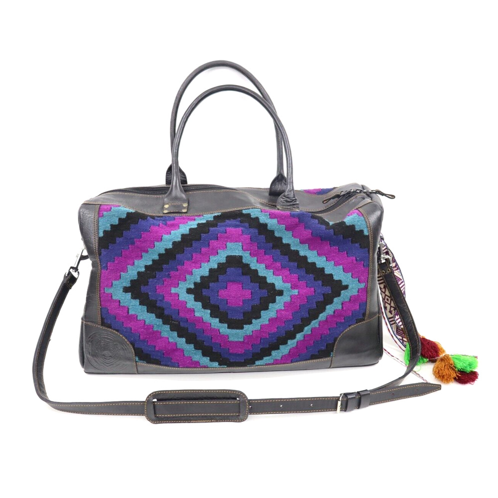 Give Thanks Hand Crafted Leather and Woven Large Weekender Duffle Bag MSRP $500+